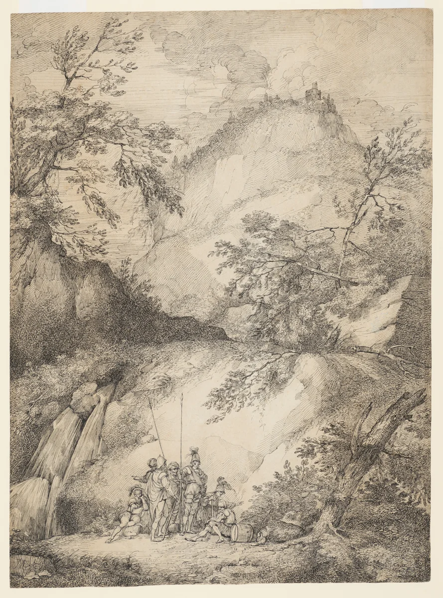 Banditti in a mountainous landscape by John Hamilton Mortimer, drawing, 1770-1779