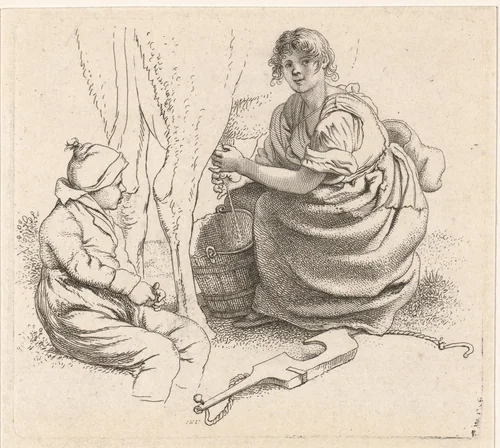 Melkende vrouw by Jacob Ernst Marcus, print, 1814