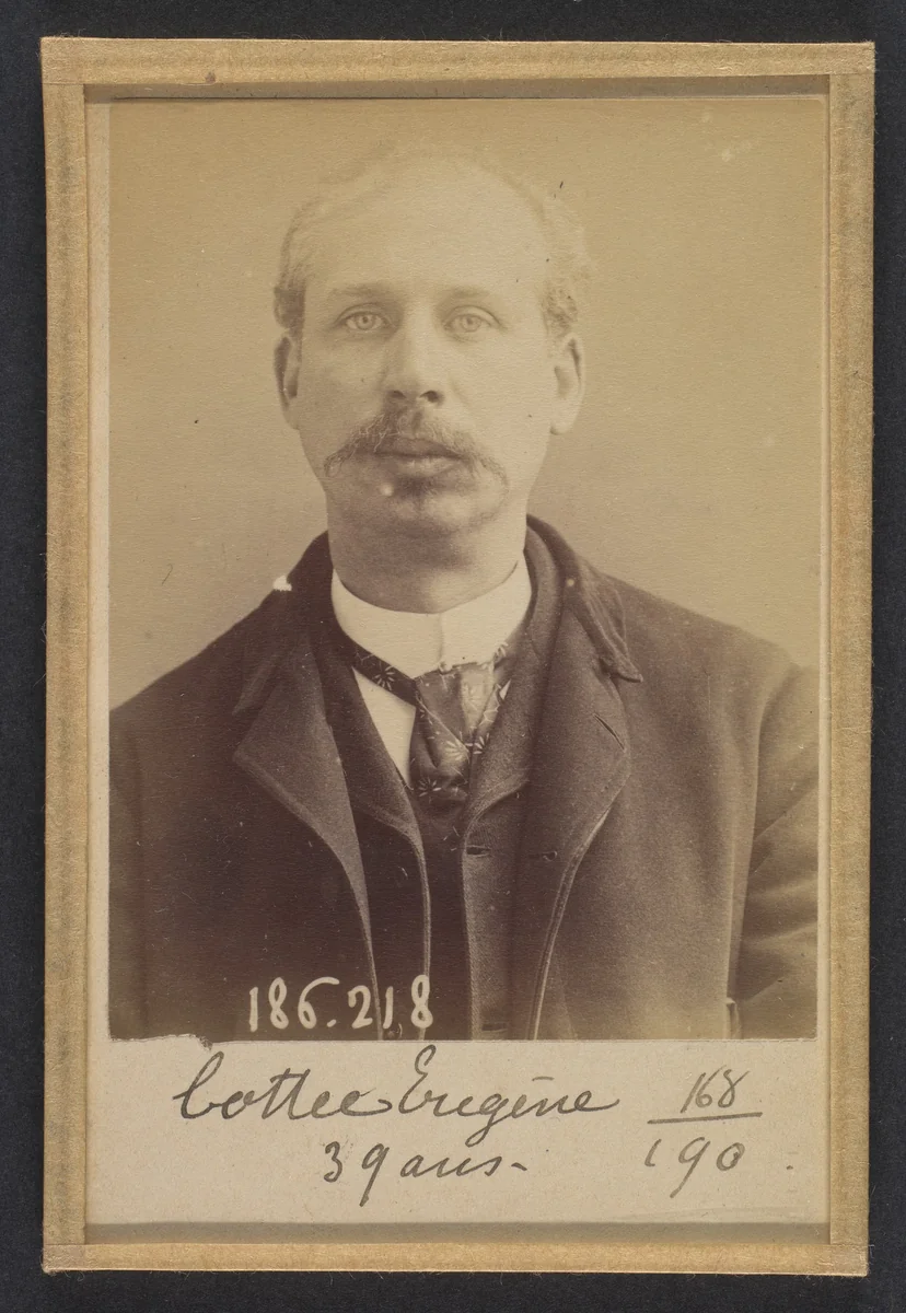 Cottée. Edouard, Eugène. 37 ans, né à Paris XVle. Artiste-peintre. Vol par complicité. 6/2/92. by Alphonse Bertillon, photograph, 1892