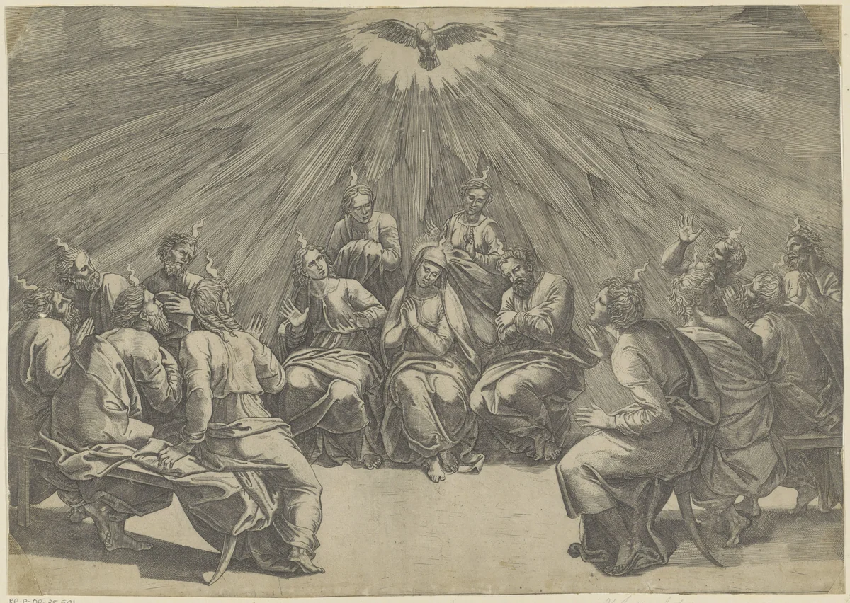 Uitstorting van de Heilige Geest by Giovanni Jacopo Caraglio, print, 1515-1565