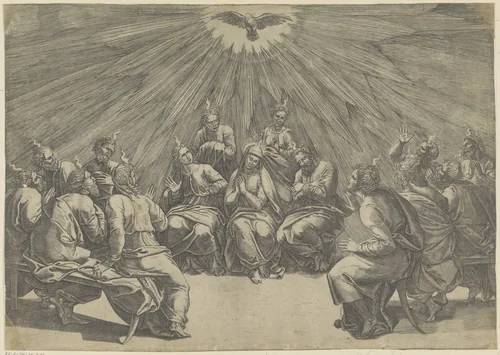 Uitstorting van de Heilige Geest by Giovanni Jacopo Caraglio, print, 1515-1565