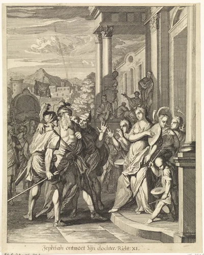 Jefta wordt door zijn dochter verwelkomd by Caspar Luyken, print, 1708