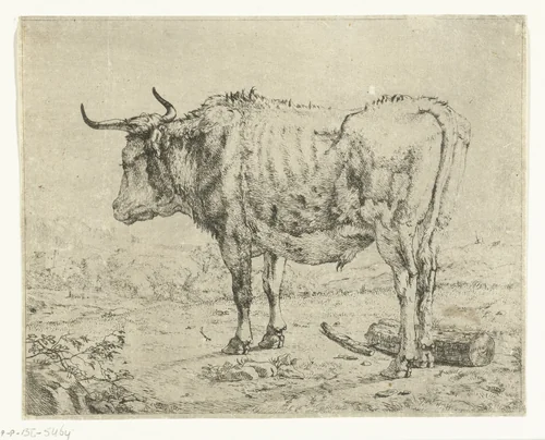 Staande stier, blok hout bij poten by Marcus de Bye, print, 1657-1688