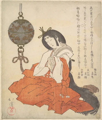 Kanjo (Court Lady) Seated, and a Tsurikoro Hanging near Her Head by Totoya Hokkei (魚屋北渓), print, 1825