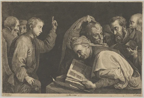 Young Christ Among the Doctors by Jan van Troyen, print, 1656-1660