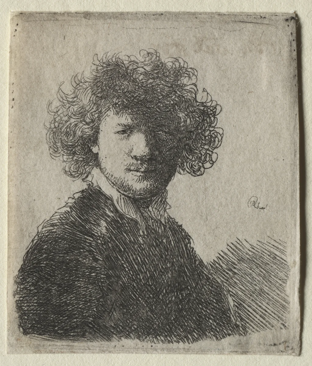 Self-Portrait with curly hair and white collar: Bust by Rembrandt van Rijn, print, 1625-1635