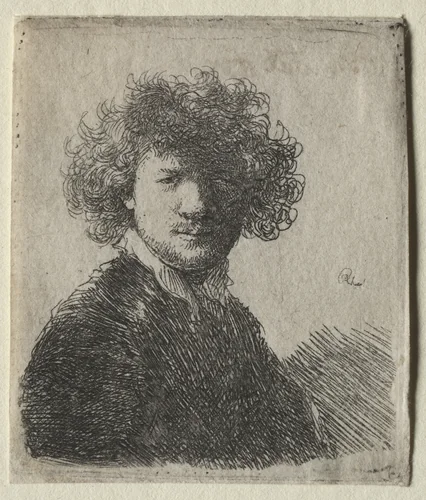 Self-Portrait with curly hair and white collar: Bust by Rembrandt van Rijn, print, 1625-1635