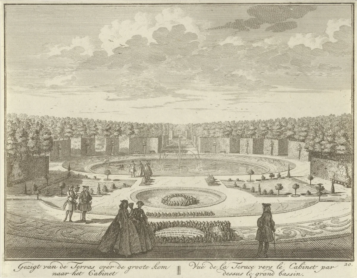 Gezicht vanaf het terras op het grote bassin in de tuin van Huis ter Meer te Maarssen by Hendrik de Leth, print, 1740