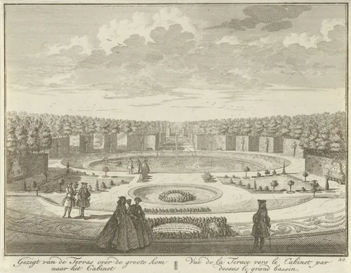 Gezicht vanaf het terras op het grote bassin in de tuin van Huis ter Meer te Maarssen by Hendrik de Leth, print, 1740