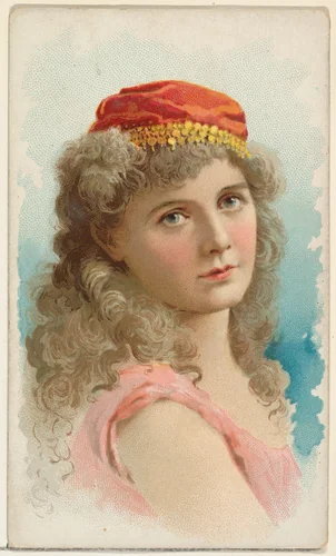 Actress wearing red silk cap with gold detailing, from Stars of the Stage, First Series (N129) issued by W. Duke, Sons & Co. to promote Honest Long Cut Tobacco by W. Duke, Sons & Co., print, 1890
