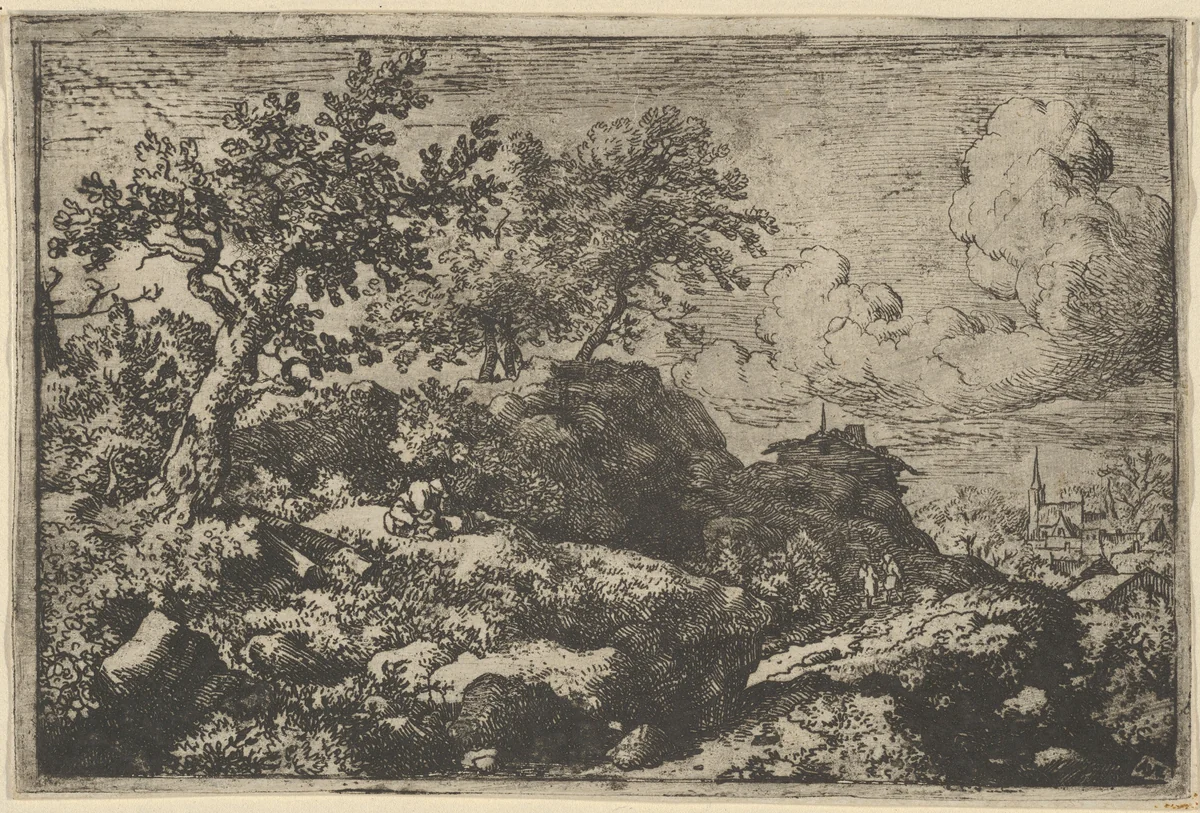 The Two Peasants Seated on the Hill by Allart van Everdingen, print, 1621-1675