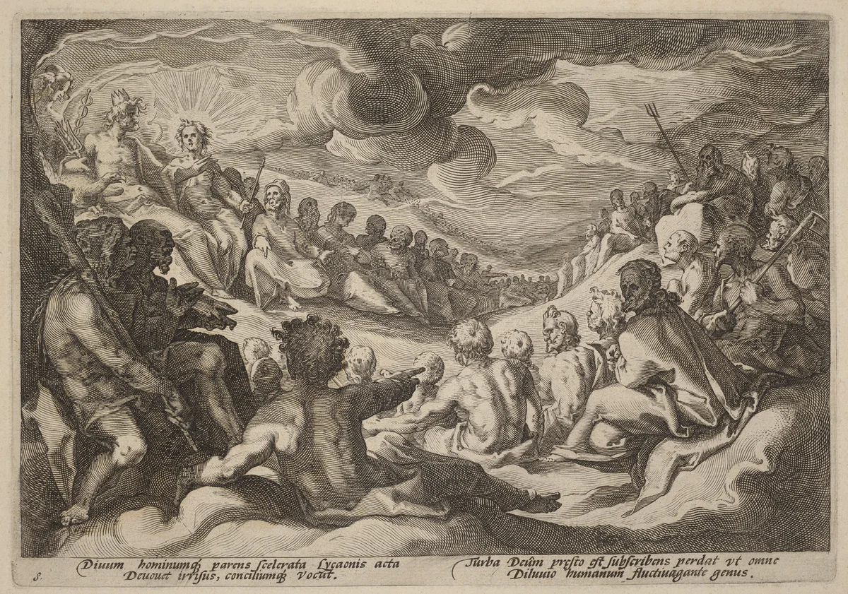 Jupiter Taking Counsel from the Gods about the Destruction of the Universe by Hendrick Goltzius, print, 1595-1605