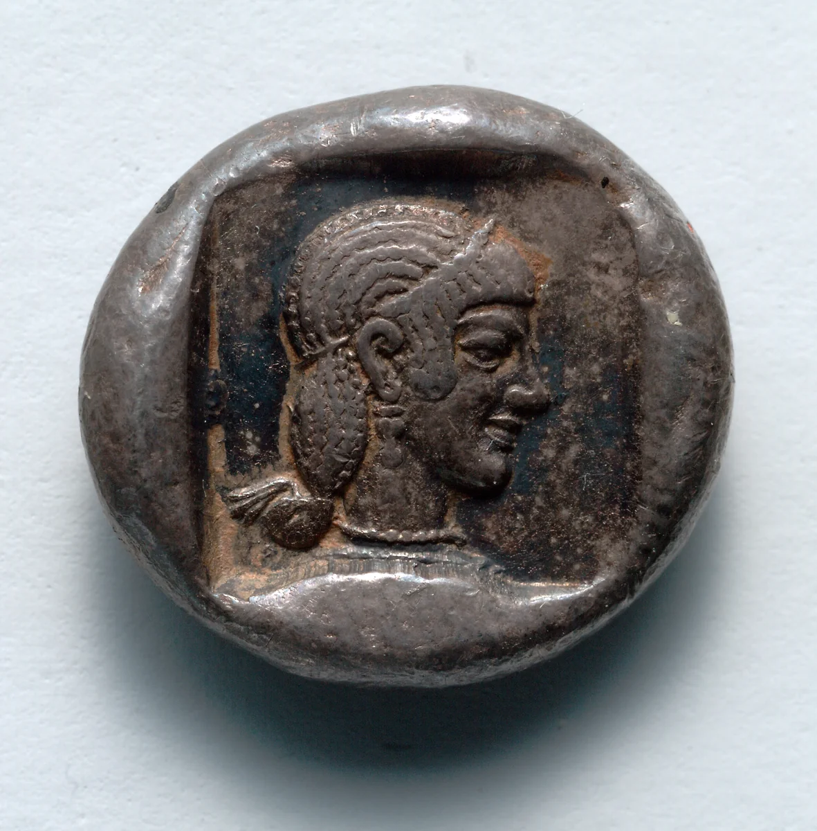 Drachm: Head of Aphrodite within Incuse Square (reverse) by Unknown, metalwork, -465--449