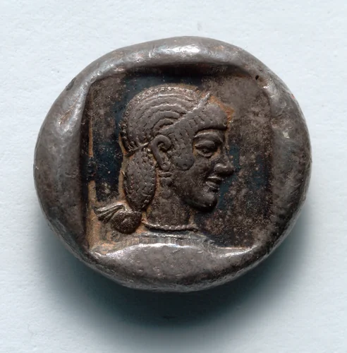 Drachm: Head of Aphrodite within Incuse Square (reverse) by Unknown, metalwork, -465--449