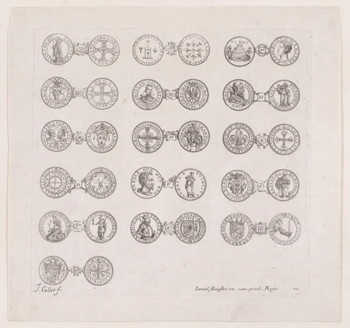 Plate 10, Featuring 16 Coins Issued by European Princes in the 16th and 17th centuries, from "Les Monnaies" (The Currencies) by Jacques Callot, print, 1625-1635