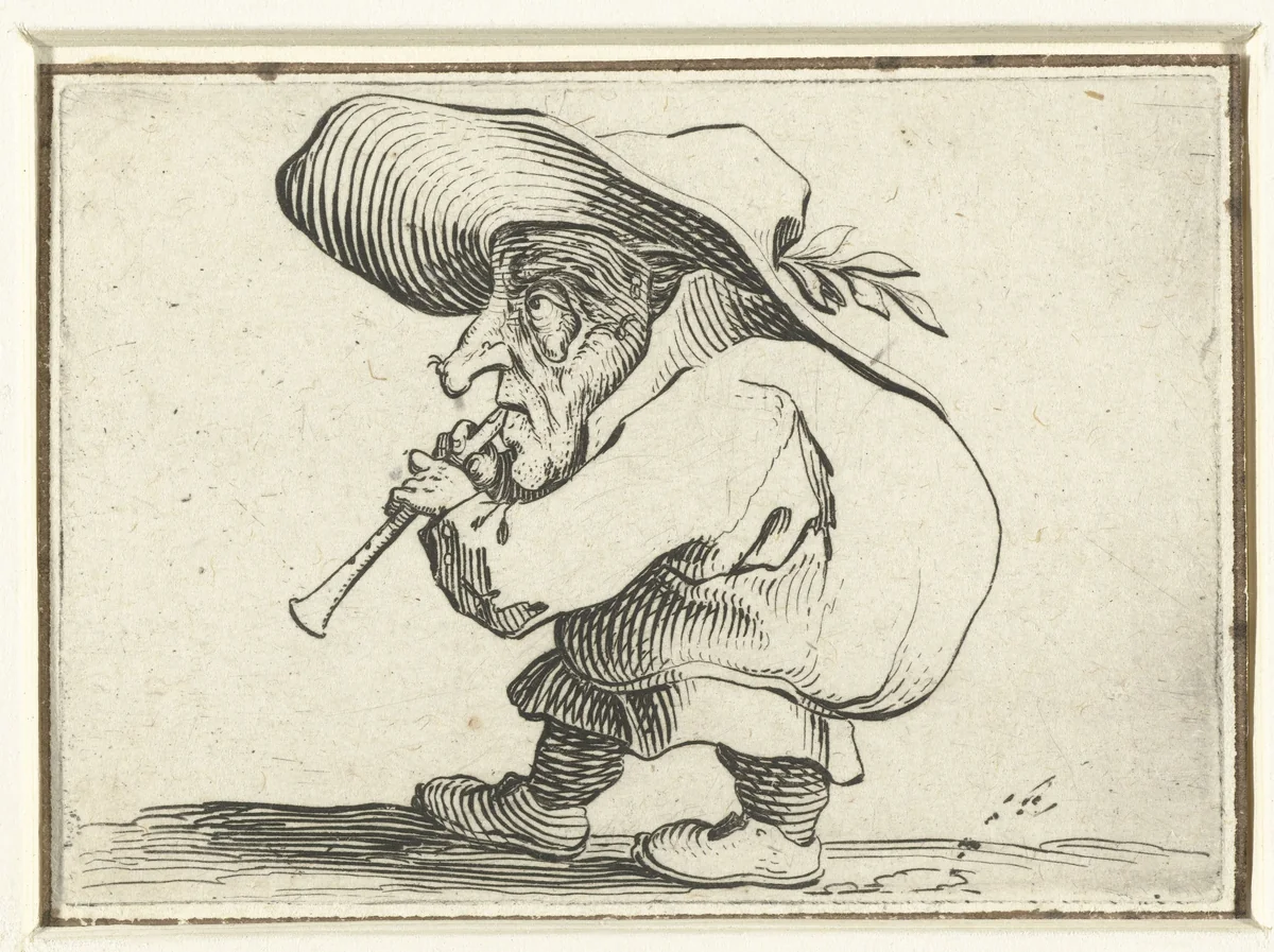 Kleine mens (karikatuur) met fluit (flageolet) by Jacques Callot, print, 1621-1625