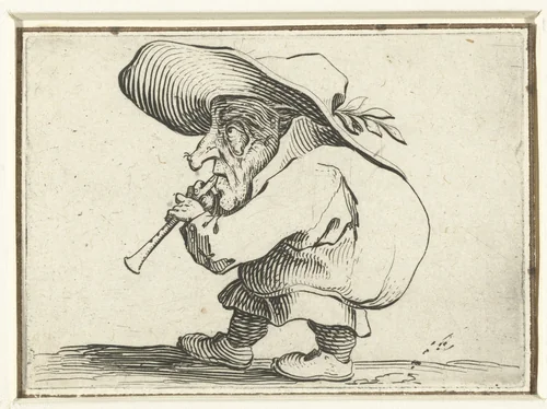 Kleine mens (karikatuur) met fluit (flageolet) by Jacques Callot, print, 1621-1625