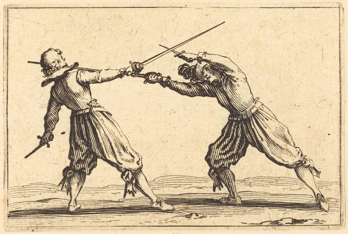 Duel with Swords and Daggers by Jacques Callot, print, 1622