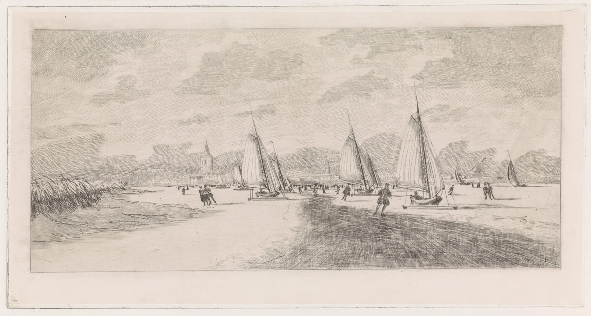 Bevroren rivier met schaatsers en ijszeilen by Elias Stark, print, 1859-1891