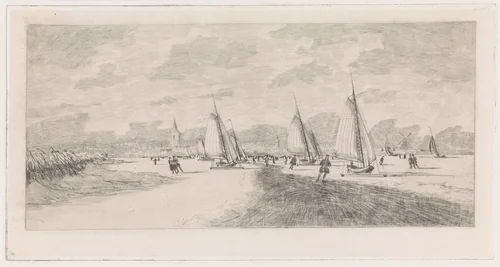 Bevroren rivier met schaatsers en ijszeilen by Elias Stark, print, 1859-1891