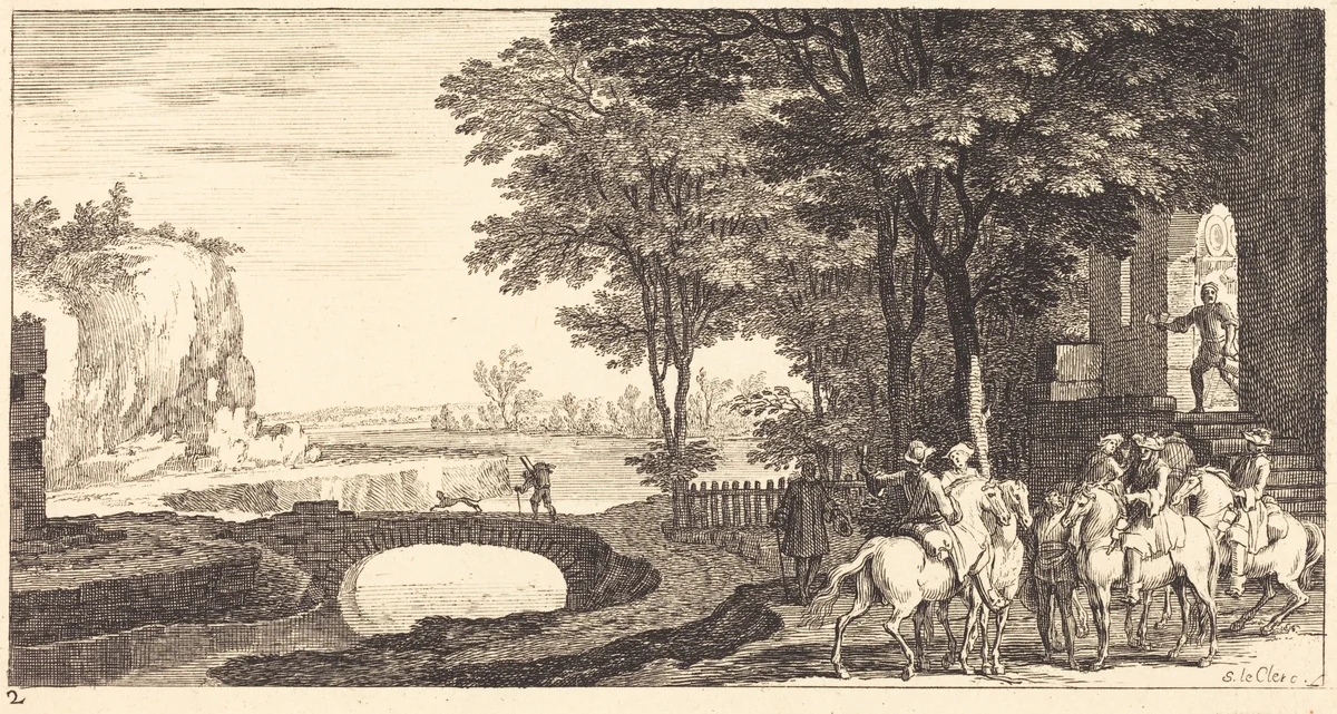 Landscape with Horsemen and Bridge by Sébastien Le Clerc, print, 1673