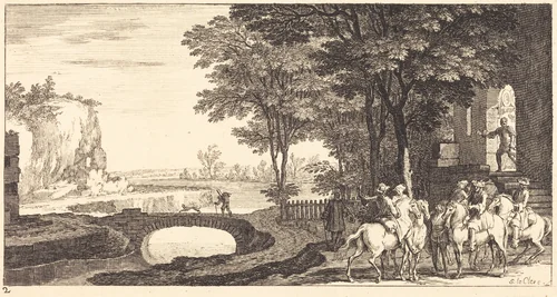 Landscape with Horsemen and Bridge by Sébastien Le Clerc, print, 1673