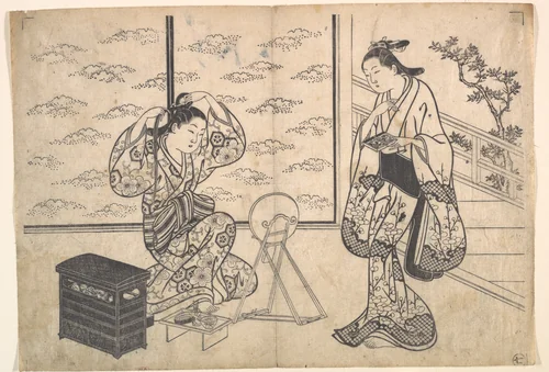 Two Women in a Room Opening on a Verandah by Hasegawa Mitsunobu, print, 1720-1740