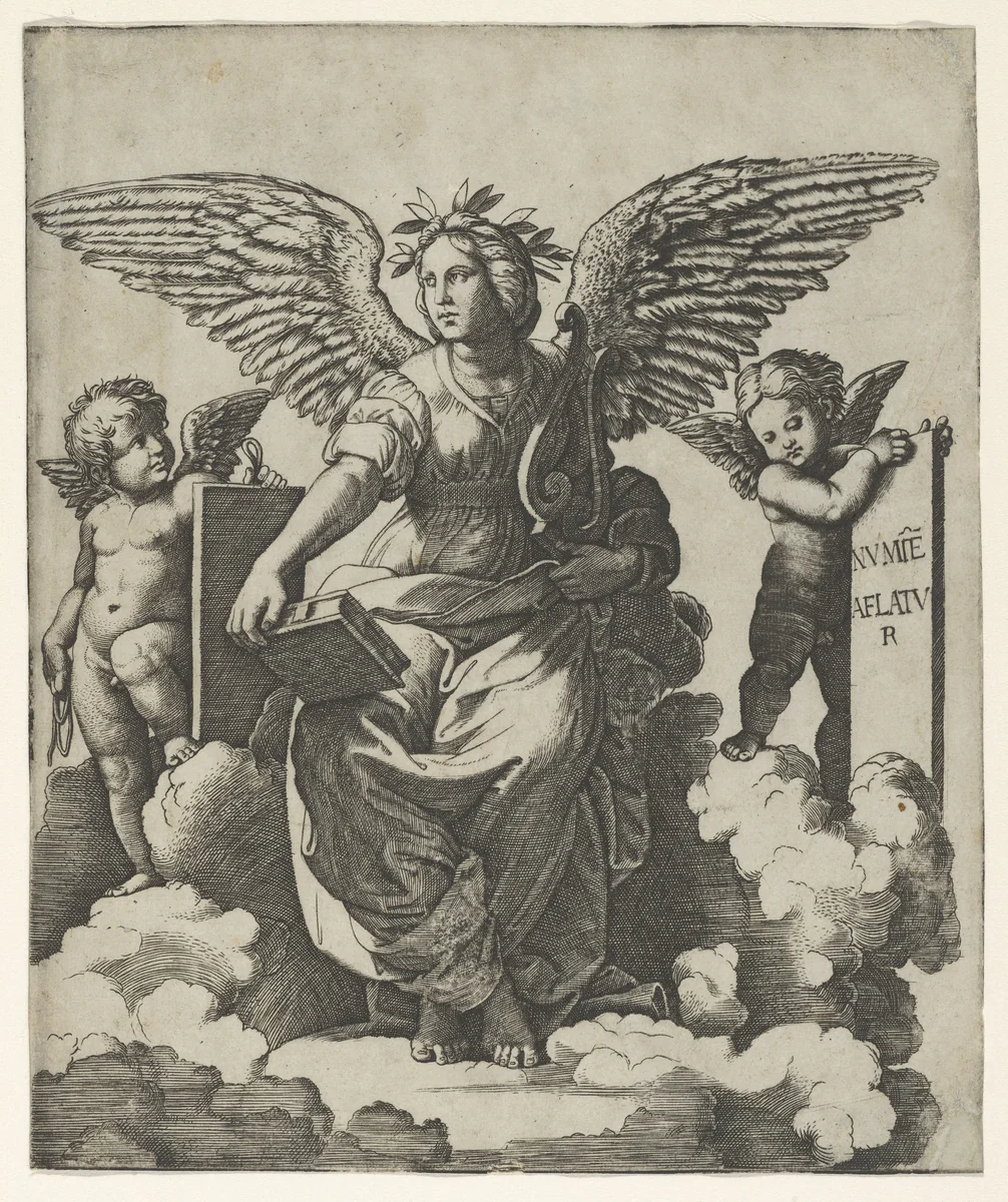 Poetry personified as a winged woman by Marcantonio Raimondi, print, 1500-1534