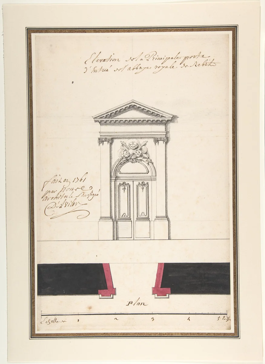 Design for an Elevation of a Gateway, Abbey at Rebais (Seine et Marne) by Claude Louis D'Aviler, drawing, 1670-1764