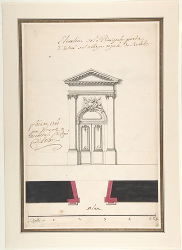 Design for an Elevation of a Gateway, Abbey at Rebais (Seine et Marne) by Claude Louis D'Aviler, drawing, 1670-1764