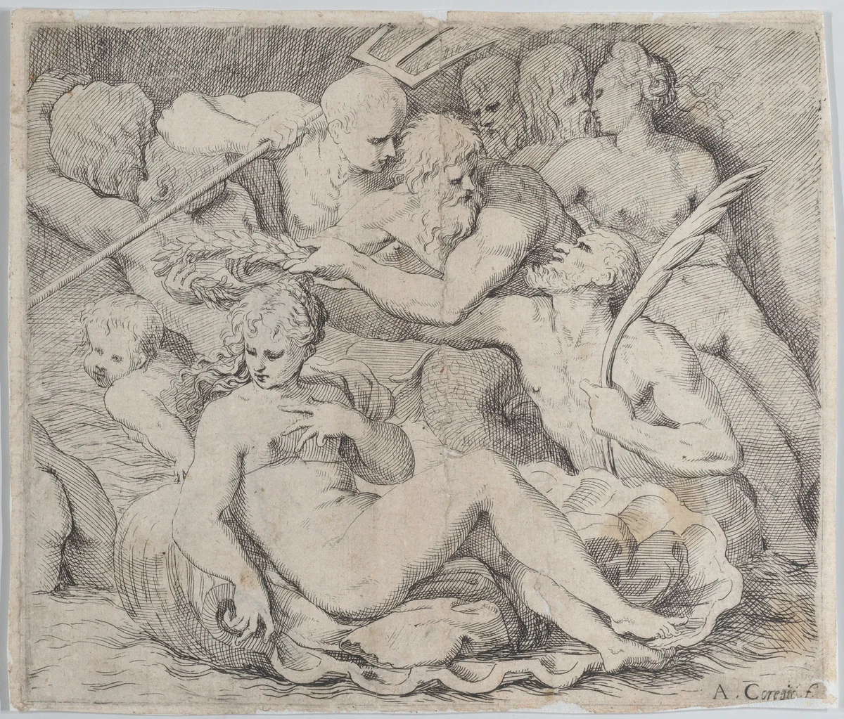 Venus, recumbent on a shell, surrounded by sea gods by anonymous, print, 1520-1600