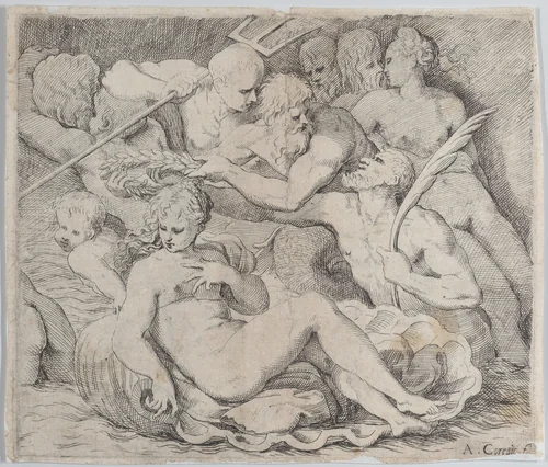 Venus, recumbent on a shell, surrounded by sea gods by anonymous, print, 1520-1600
