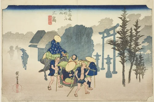 Mishima: Morning Mist (Mishima, asagiri), from the series "Fifty-three Stations of the Tokaido Road (Tokaido gojusan tsugi no uchi)," also known as the Hoeido Tokaido by Utagawa Hiroshige (歌川広重), print, 1828-1839