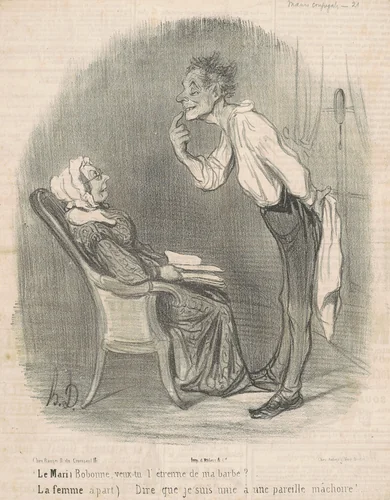 Le mari. Bobonne veux-tu l'étrenne de ma barbe? by Honoré Daumier, print, 1840