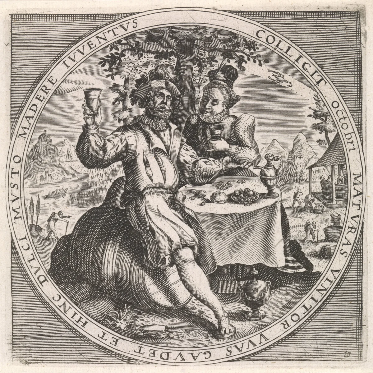 Oktober: paar dat wijn drinkt by anonymous, print, 1574-1687