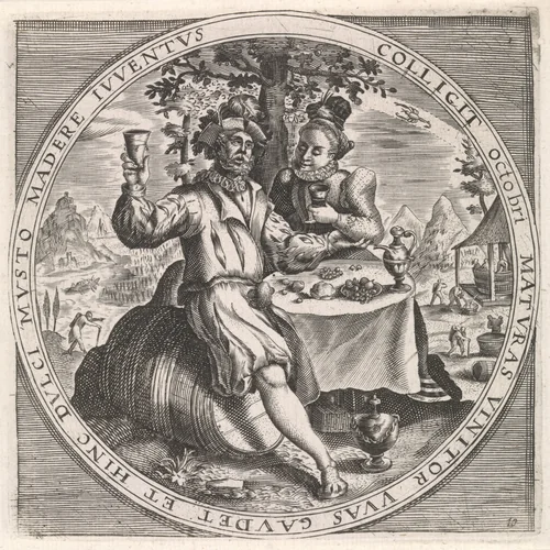 Oktober: paar dat wijn drinkt by anonymous, print, 1574-1687