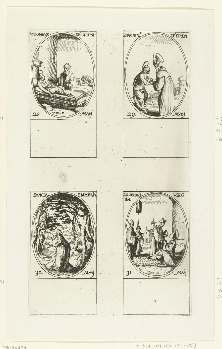 Heilige Germanus van Parijs, Heilige Maximinus van Trier, Heilige Eumelia van Neocaesarea, Heilige Petronella van Rome (28-31 mei) by Jacques Callot, print, 1632-1636