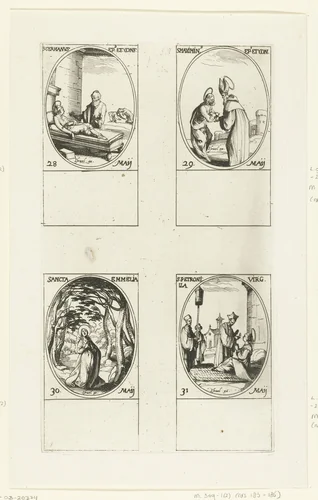 Heilige Germanus van Parijs, Heilige Maximinus van Trier, Heilige Eumelia van Neocaesarea, Heilige Petronella van Rome (28-31 mei) by Jacques Callot, print, 1632-1636