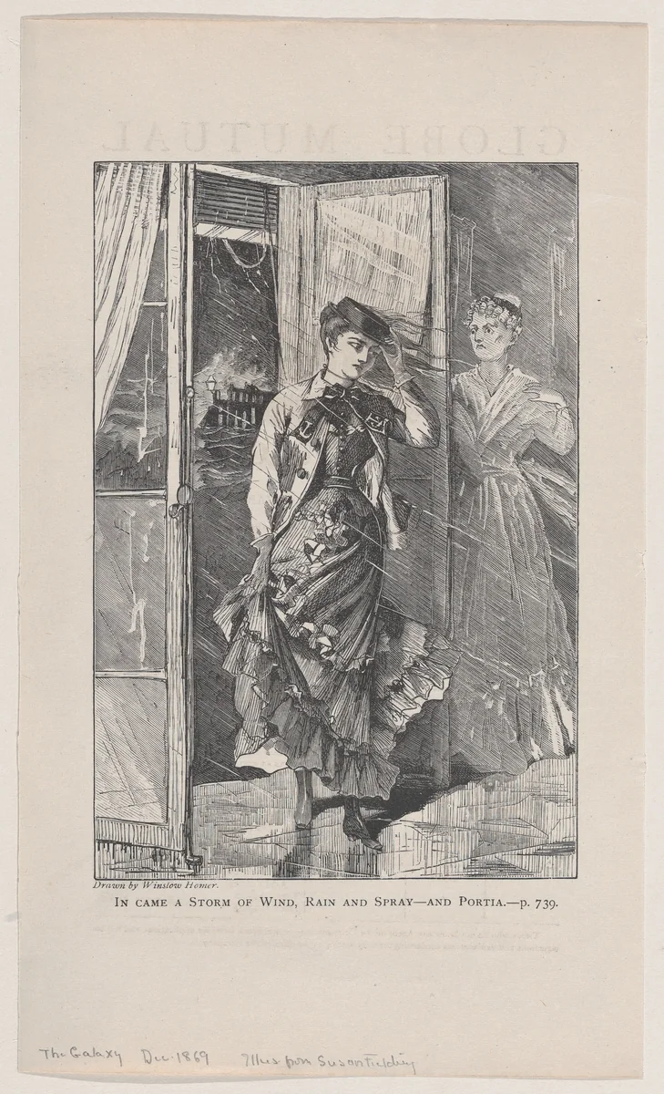 In Came a Storm of Wind, Rain and Spray – and Portia (The Galaxy, An Illustrated Magazine of Entertaining Reading, Vol. VIII) by Winslow Homer, print, 1869