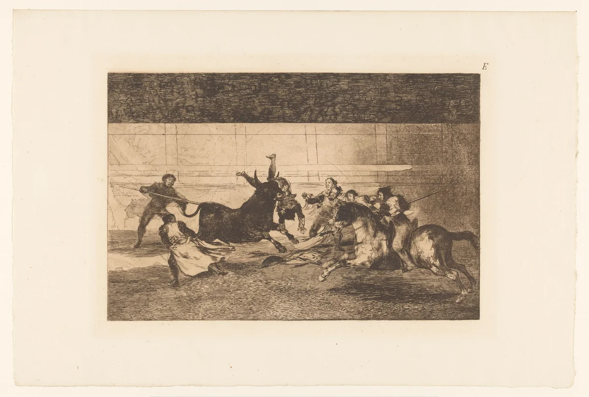 Man gespiest aan de hoorn van een stier by Francisco de Goya, print, 1876