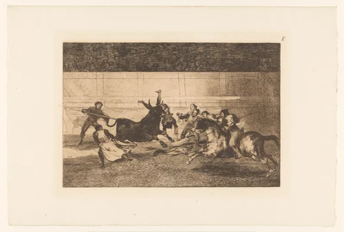 Man gespiest aan de hoorn van een stier by Francisco de Goya, print, 1876