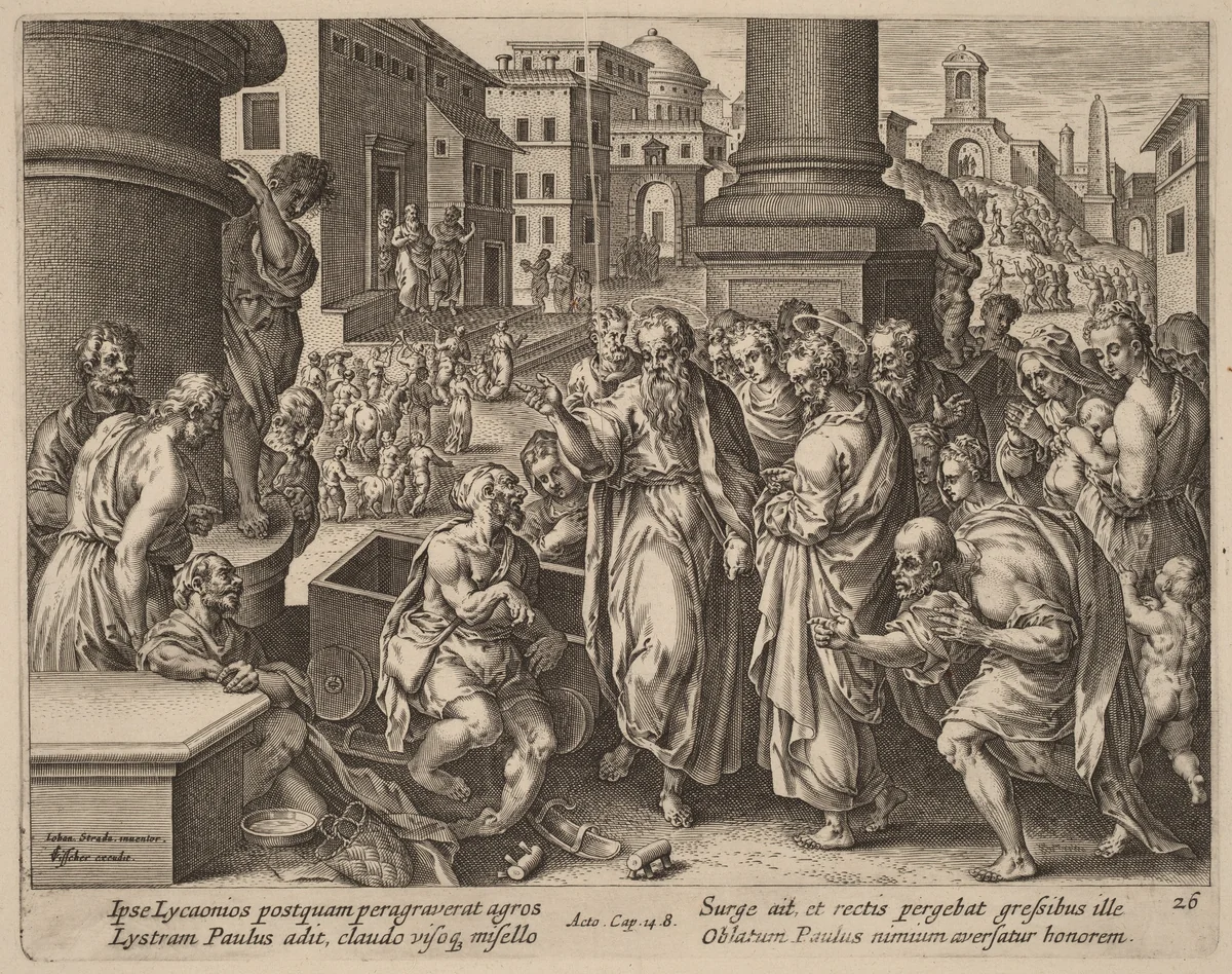 Saint Paul Heals the Lame Man at Lystra by Philip Galle, print, 1537-1612