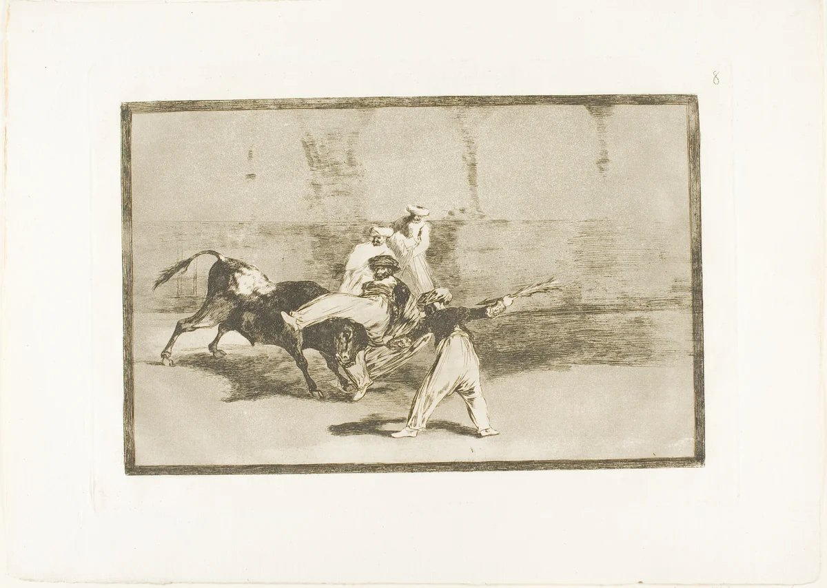 A Moor Caught by the Bull in the Ring, plate 8 from The Art of Bullfighting by Francisco José de Goya, print, 1814-1816