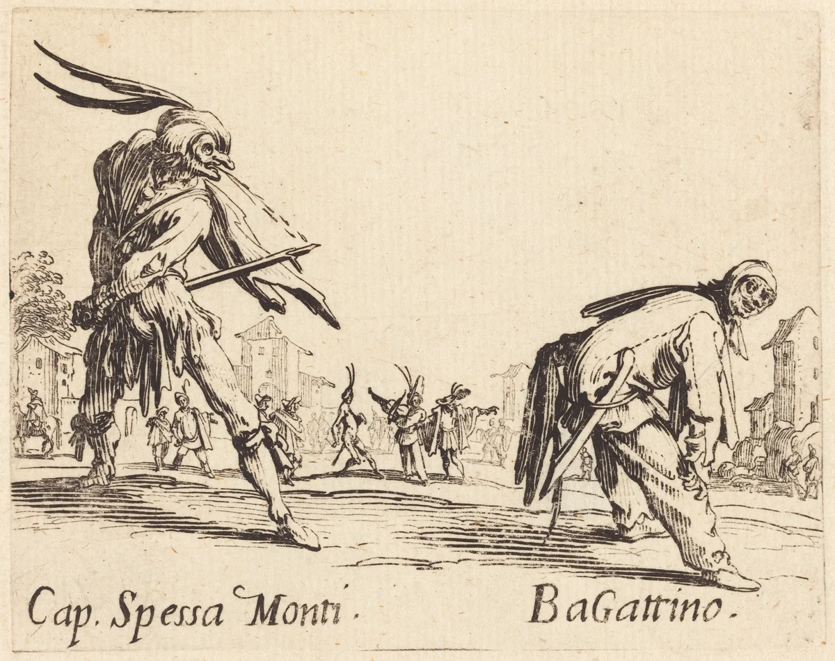 Cap. Spessa Monti and Bagattino by Jacques Callot, print, 1622