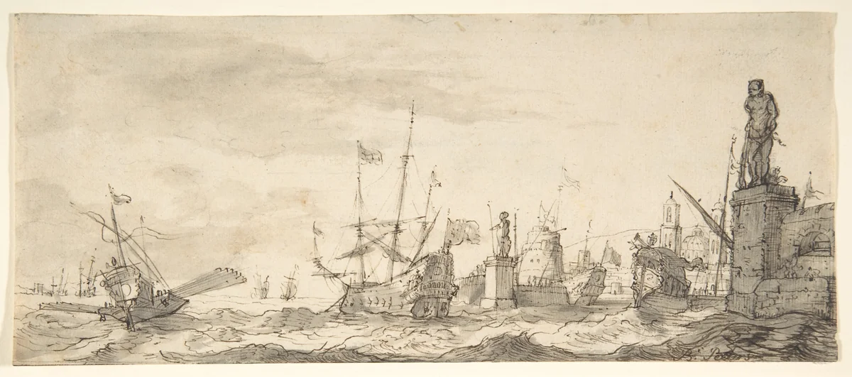 Capriccio View of a Mediterranean Port by Bonaventura Peeters, drawing, 1614-1652