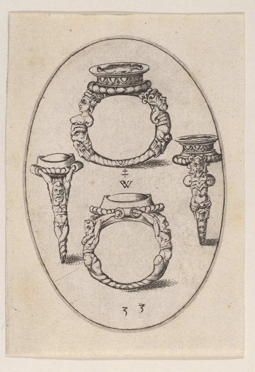 Designs for Four Rings, Plate 33 from 'Livre d'Aneaux d'Orfevrerie' by Pierre Woeiriot, print, 1561