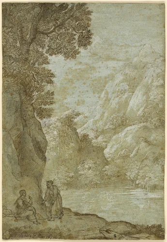 Landscape with the Temptation of Christ by Angeluccio, drawing, 1652-1682
