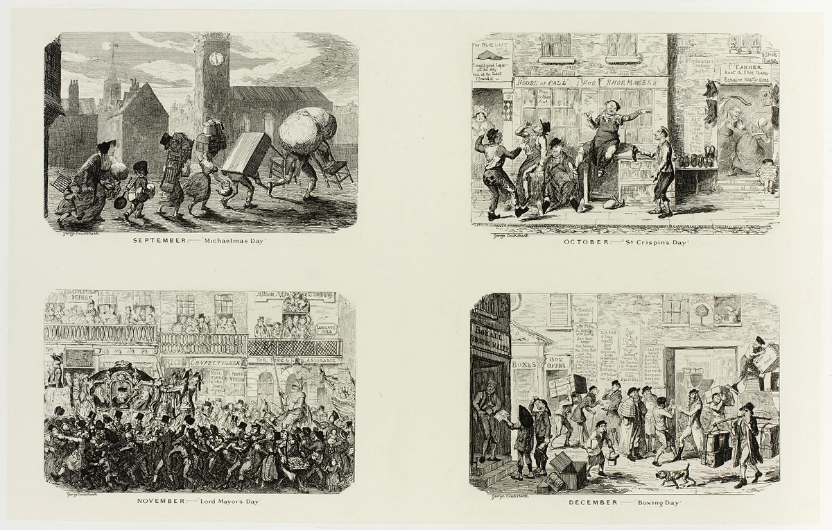 September – "Michaelmas Day" from George Cruikshank's Steel Etchings to The Comic Almanacks: 1835-1853 (top left) by George Cruikshank, print, 1836