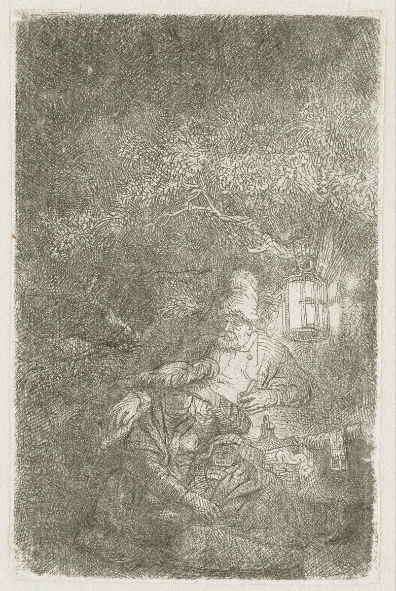 The rest on the flight into Egypt: a night piece by Rembrandt van Rijn, print, 1644