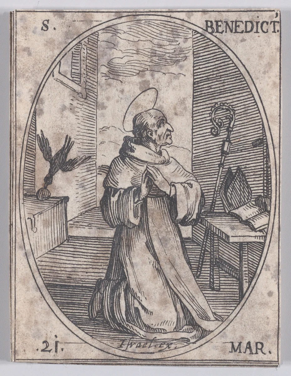 S. Benoit (St. Benedict), March 21st, from "Les Images De Tous Les Saincts et Saintes de L'Année" (Images of All of the Saints and Religious Events of the Year) by Jacques Callot, print, 1636